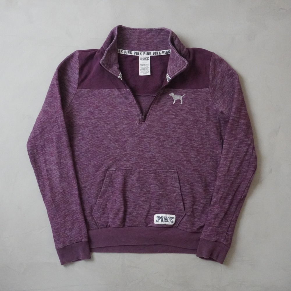 Victoria Secret PINK Quarter Zip Sweatshirt Medium Purple Marl Love Pink Graphic